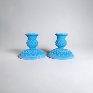 Pair Vtg Fenton Blue slag Hobnail Candle Holders Candlesticks Ruffled Rim